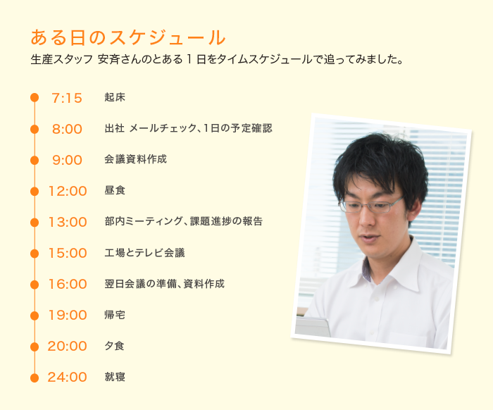 ある日のスケジュール 生産スタッフ 安斉さんのとある1日をタイムスケジュールで追ってみました。