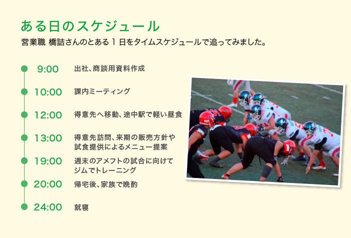 ある日のスケジュール 営業職 橋詰さんのとある1日をタイムスケジュールで追ってみました。