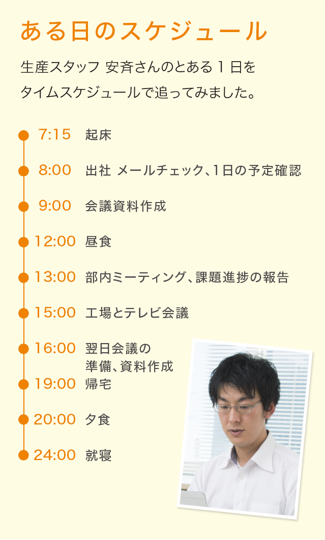 ある日のスケジュール 生産スタッフ 安斉さんのとある1日をタイムスケジュールで追ってみました。