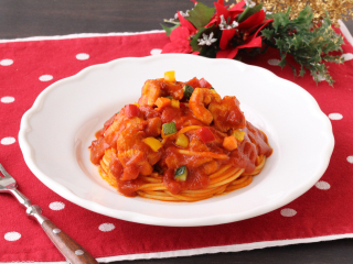クリスマスチキンのトマトスパゲティ