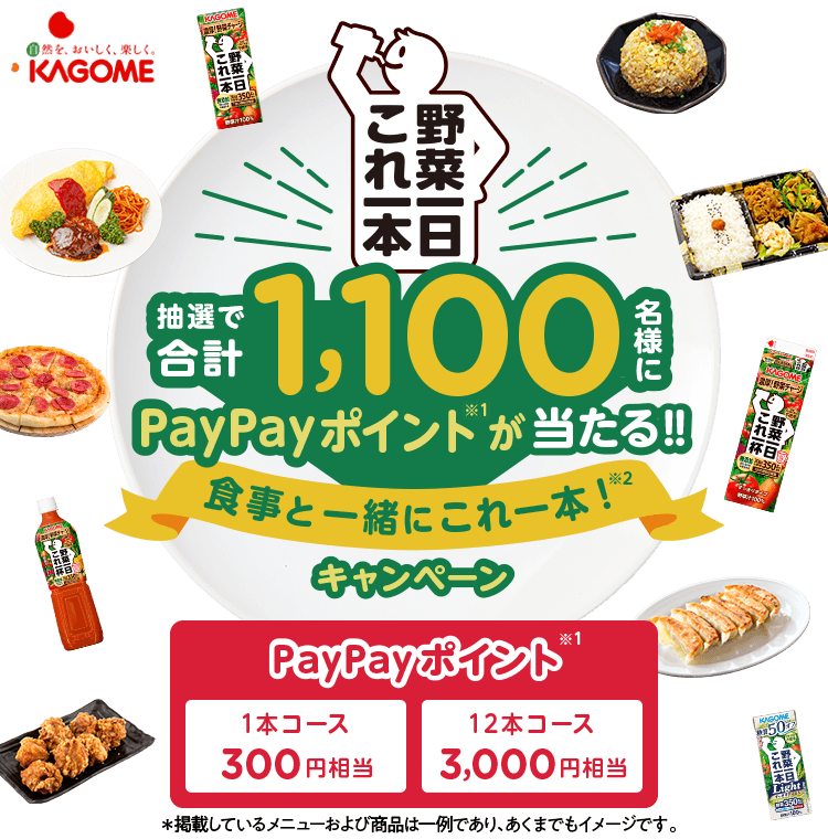 野菜一日これ一本 抽選で合計1,100名様にPayPayポイント※1が当たる！！食事と一緒にこれ一本※2キャンペーン PayPayポイント※1 1本コース300円相当 12本コース3,000円相当 ＊掲載しているメニューおよび商品は一例であり、あくまでもイメージです。