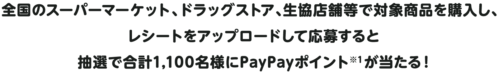全国のスーパーマーケット、ドラッグストア、生協店舗等で対象商品を購入し､レシートをアップロードして応募すると抽選で合計1,100名様にPayPayポイント※1が当たる！