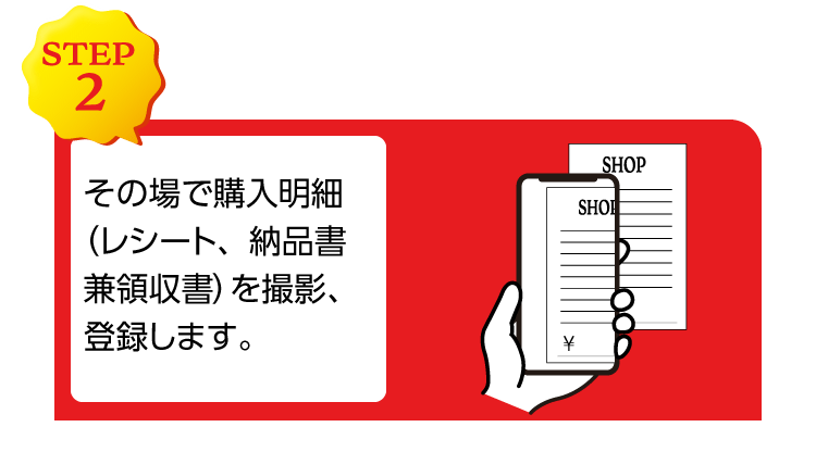 【STEP2】その場で購入明細（レシート、納品書兼領収書）を撮影、登録します。