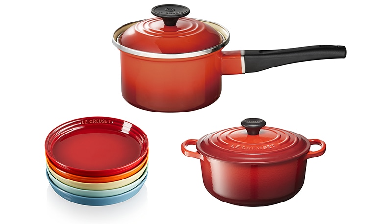 LE CREUSET ル・クルーゼ セット シグニチャー ココット・ロンド 20cm チェリーレッド ネオ・ラウンド・プレート 22cm(5枚入り)レインボー EOS ソースパン 14cm チェリーレッド