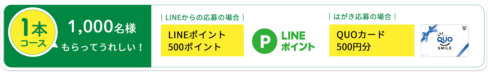 1本コース：もらってうれしい！「LINEポイント500ポイント」「QUOカード500円分」1,000名様