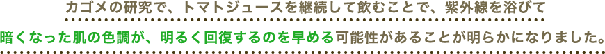 カゴメの研究で、トマトジュースを継続して飲むことで、紫外線を浴びて暗くなった肌の色調が、明るく回復するのを早める可能性があることが明らかになりました。