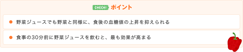 野菜ジュースでも野菜と同様に、食後の血糖値の上昇を抑えられる。食事の30分前に野菜ジュースを飲むと、最も効果が高まる。