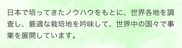 日本で培ってきたノウハウをもとに、世界各地を調査し、最適な栽培地を吟味して、世界中の国々で事業を展開しています。