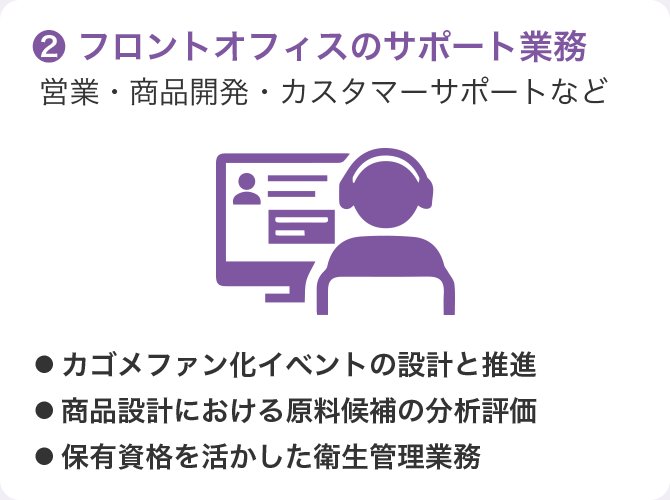 フロントオフィスのサポート業務　営業・商品開発・カスタマーサポートなど（カゴメファン化イベントの設計と推進、商品設計における原料候補の分析評価、保有資格を活かした衛生管理業務）