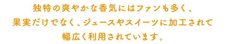 独特の爽やかな香気にはファンも多く、果実だけでなく、ジュースやスイーツに加工されて幅広く利用されています。