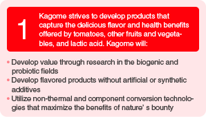1. Kagome strives to develop products by pursuing good tasting tomatoes, vegetables, fruits and lactobacillus as well as health value.