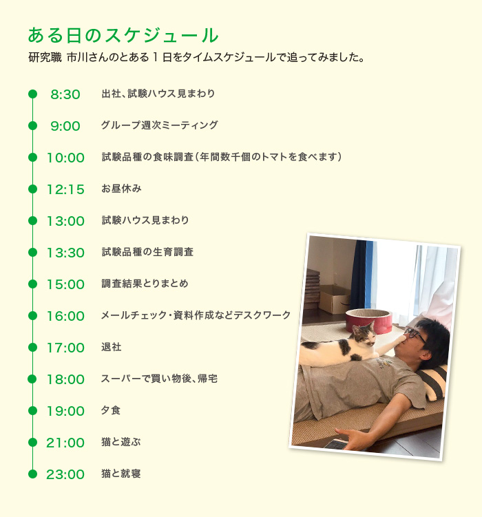 ある日のスケジュール 研究職 市川さんのとある1日をタイムスケジュールで追ってみました。 ある日のスケジュール 研究職 市川さんのとある1日をタイムスケジュールで追ってみました。