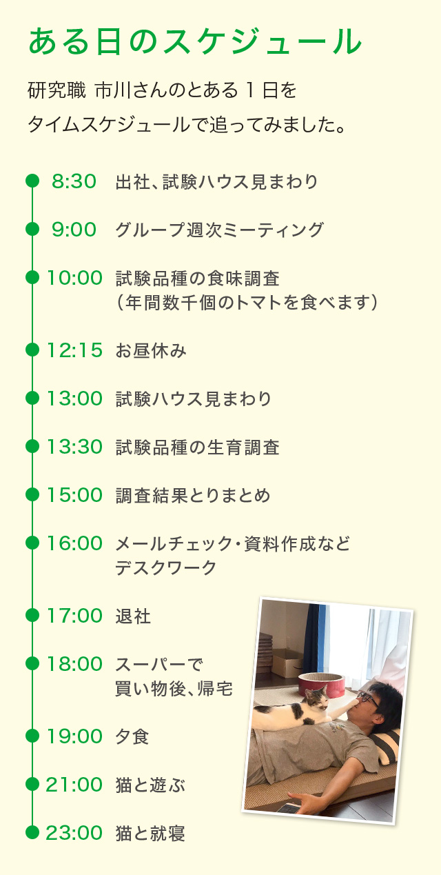 ある日のスケジュール 研究職 市川さんのとある1日をタイムスケジュールで追ってみました。 ある日のスケジュール 研究職 市川さんのとある1日をタイムスケジュールで追ってみました。