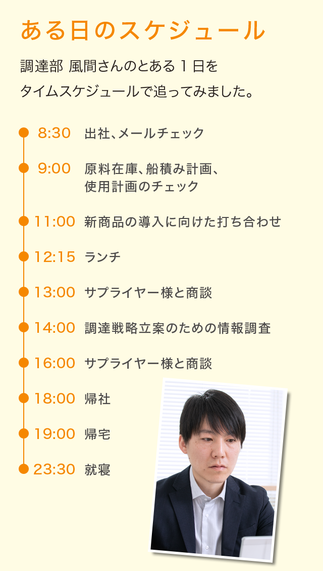 ある日のスケジュール 調達部 風間さんのとある1日をタイムスケジュールで追ってみました。 ある日のスケジュール 調達部 風間さんのとある1日をタイムスケジュールで追ってみました。