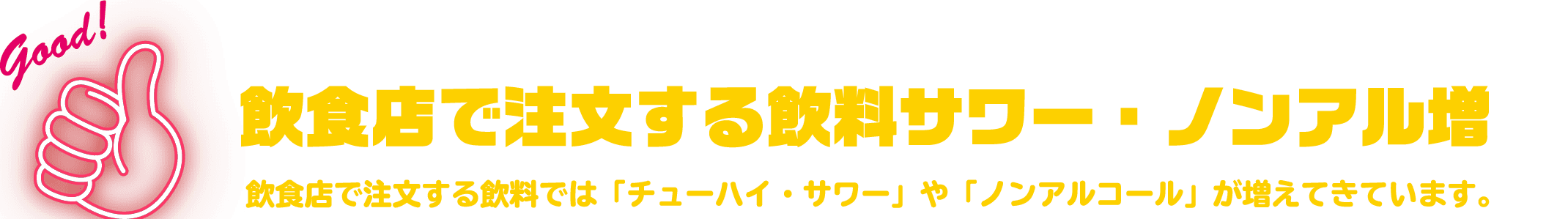 飲食店で注文する飲料サワー・ノンアル増 飲食店で注文する飲料では「チューハイ・サワー」や「ノンアルコール」が増えてきています。