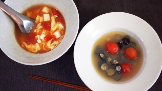 ［トマトのスープレシピ］トマトとしじみの味噌汁＆酸辣湯スープ