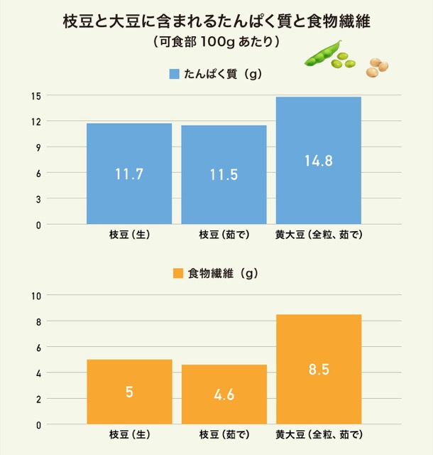 枝豆と大豆に含まれるたんぱく質と食物繊維のグラフ