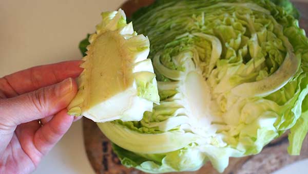 キャベツの芯を取り、3~4cm角に切る キャベツの芯を取り、3~4cm角に切る