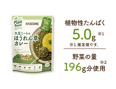 植物性たんぱく5.0g※1（※1.推定値です。）野菜の量196g分使用※2