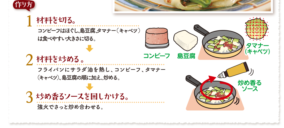 作り方　1.材料を切る。コンビーフはほぐし、島豆腐、タマナー（キャベツ）は食べやすい大きさに切る。2.材料を炒める。フライパンにサラダ油を熱し、コンビーフ、タマナー（キャベツ）、島豆腐の順に加え、炒める。3.炒め香るソースを回しかける。強火でさっと炒め合わせる。