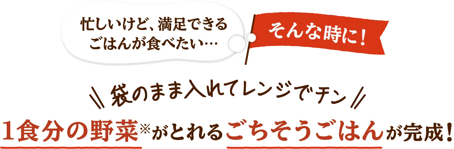 忙しいけど満足できるごはんが食べたい・・・そんな時に！「袋のまま入れてレンジでチン」１食分の野菜が取れるごちそうごはんが完成！