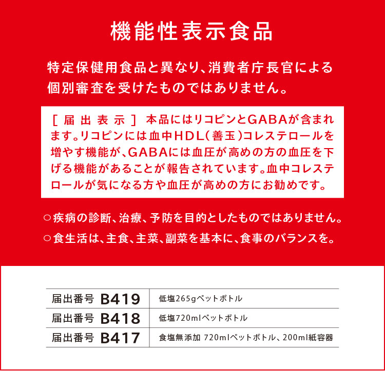 機能性表示食品（特定保健用食品と異なり、消費者庁長官による個別審査を受けたものではありません。） [届出表示]本品にはリコピンとGABAが含まれます。リコピンには血中HDL（善玉）コレステロールを増やす機能が、GABAには血圧が高めの方の血圧を下げる機能があることが報告されています。血中コレステロールが気になる方や血圧が高めの方にお勧めです。　〇疾病の診断、治療、予防を目的としたものではありません。〇食生活は、主食、主菜、副菜を基本に、食事のバランスを。