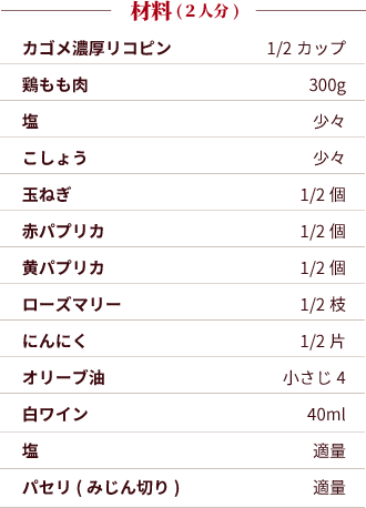 材料（2人分）：カゴメ濃厚リコピン：1/2カップ。鶏もも肉：300g。塩：少々。こしょう：少々。玉ねぎ：1/2個。赤パプリカ：1/2個。黄パプリカ：1/2個。ローズマリー：1/2枝。にんにく：1/2片。オリーブ油：小さじ4。白ワイン：40ml。塩：適量。パセリ(みじん切り)：適量。