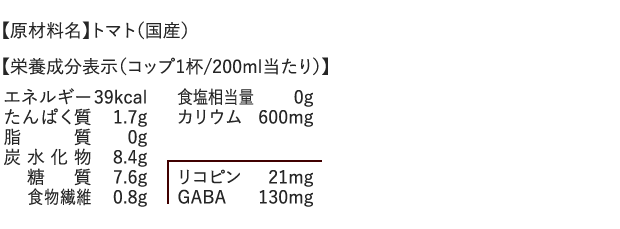 【原材料名】トマト（国産）、【栄養成分表示（コップ1杯/200ml当たり）】エネルギー：39kcal、 たんぱく質：1.7g、脂質：0g、炭水化物：8.4g、糖質：7.6g、食物繊維：0.8g、食塩相当量：0g、カリウム：600mg、リコピン：21mg、GABA：130mg