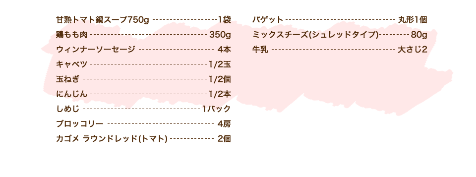 カゴメ甘熟トマト鍋スープ 1袋、キャベツ 1/2玉、ウィンナーソーセージ 4本、鶏もも肉 350g、玉ねぎ 1/2個、にんじん 1/2本、しめじ 1パック、トマト 1個(150g)、ブロッコリー 適量、【チーズフォンデュソース】ピザ用チーズ 100g、牛乳 大さじ2