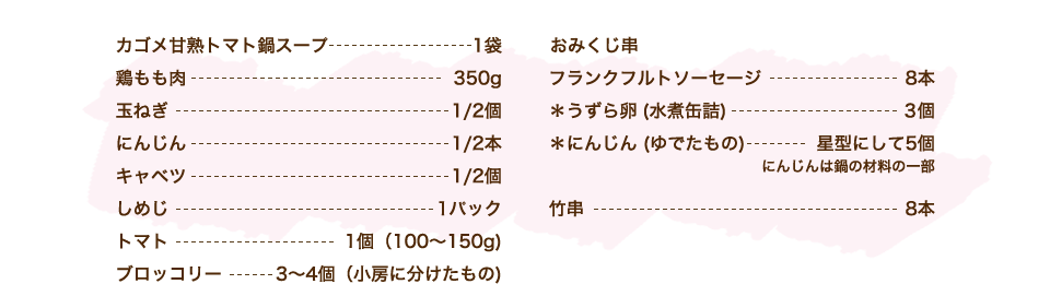 カゴメ甘熟トマト鍋スープ 1袋、鶏もも肉 350g、玉ねぎ 1/2個、にんじん 1/2本、キャベツ 1/2個、しめじ 1パック、トマト 1個（100～150g)、ブロッコリー 3～4個（小房に分けたもの)、【おみくじ串】フランクフルトソーセージ 8本、＊うずら卵(水煮缶詰) 3個、＊にんじん(ゆでたもの) 星型にして5個、竹串 8本