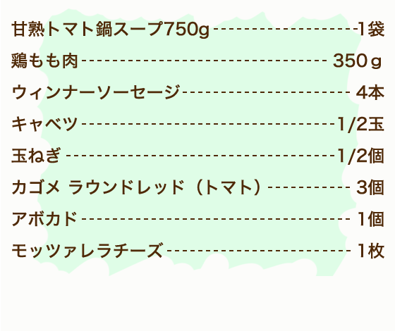 カゴメ甘熟トマト鍋スープ 1袋、鶏もも肉 350g、ウィンナーソーセージ 4本、玉ねぎ 1/2個、にんじん 1/2本、キャベツ 1/2玉