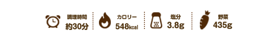 調理時間約30分、カロリー548kcal、塩分3.8g、野菜435g