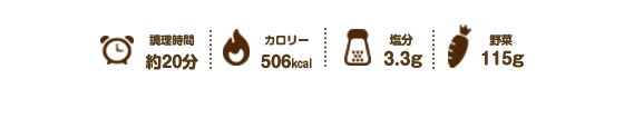 調理時間約20分、カロリー506kcal、塩分3.3g、野菜115g