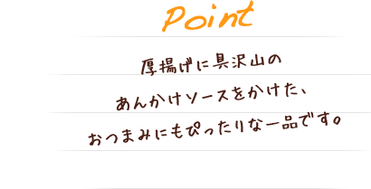 厚揚げに具沢山のあんかけソースをかけた、おつまみにもぴったりな一品です。