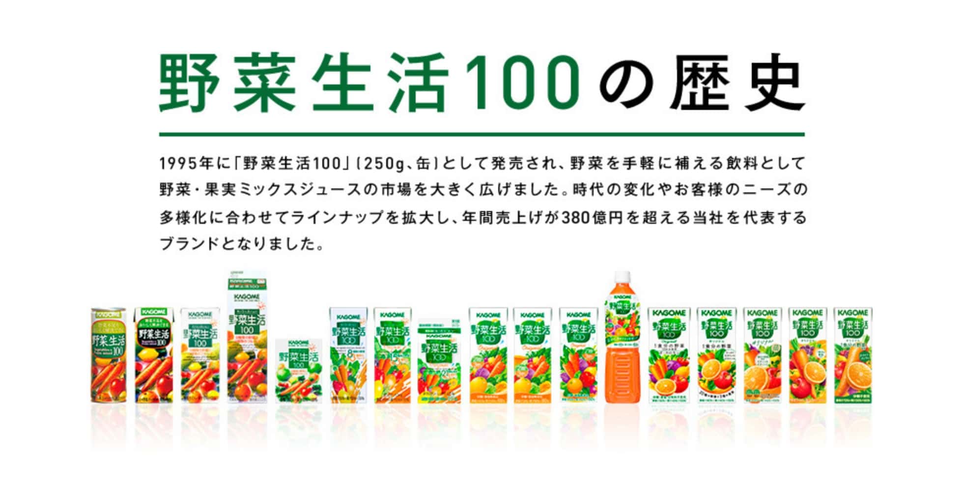 野菜生活100の歴史 1995年に「野菜生活100」(250g、缶)として発売され、野菜を手軽に補える飲料として野菜・果実ミックスジュースの市場を大きく広げました。時代の変化やお客様のニーズの多様化に合わせてラインナップを拡大し、年間売上げが380億円を超える当社を代表するブランドとなりました。