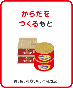 からだをつくるもと　肉、魚、卵、牛乳など