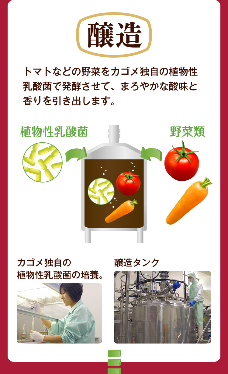 【醸造】トマトなどの野菜をカゴメ独自の植物性乳酸菌で発酵させて、まろやかな酸味と香りを引き出します。