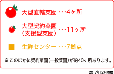 大型直轄菜園…4ヶ所 大型契約菜園(支援型菜園)…11ヶ所 生鮮センター…7拠点 ※契約菜園(一般菜園)が約40ヶ所あります。