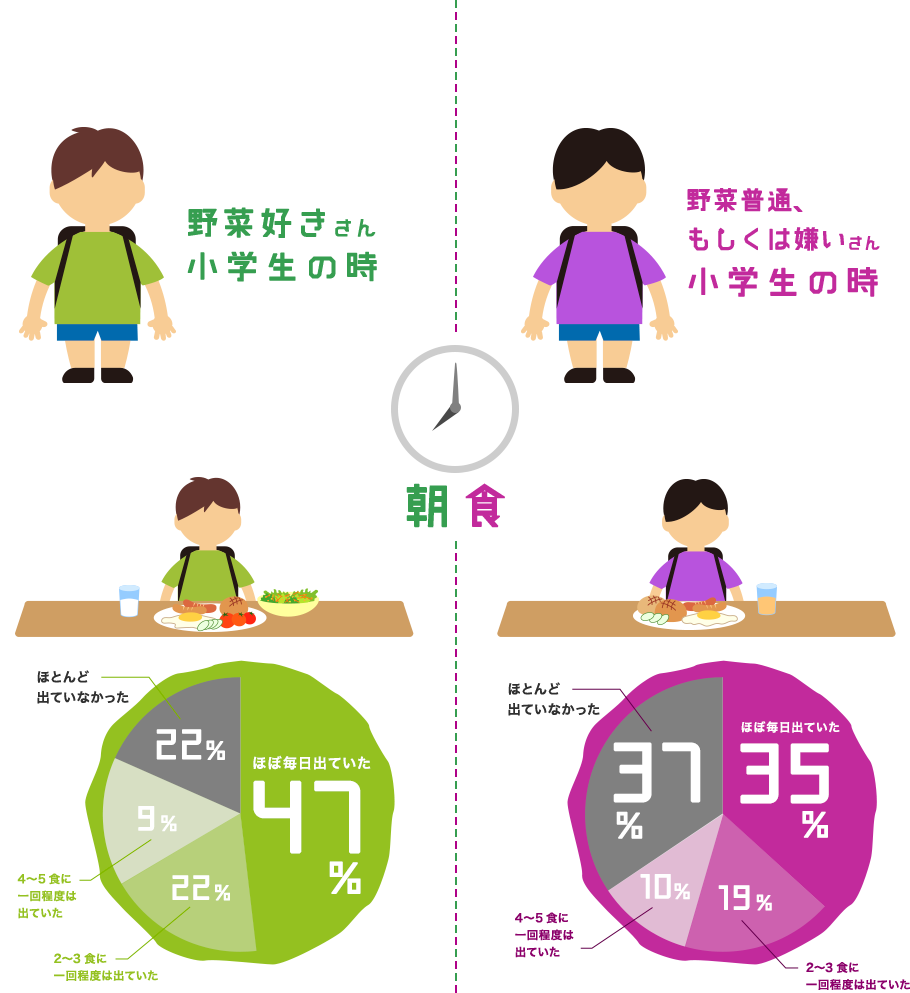 朝食：野菜好きさん小学生の時、ほぼ毎日出ていた47%。　野菜普通、もしくは嫌いさん小学生の時、毎日出ていた35%