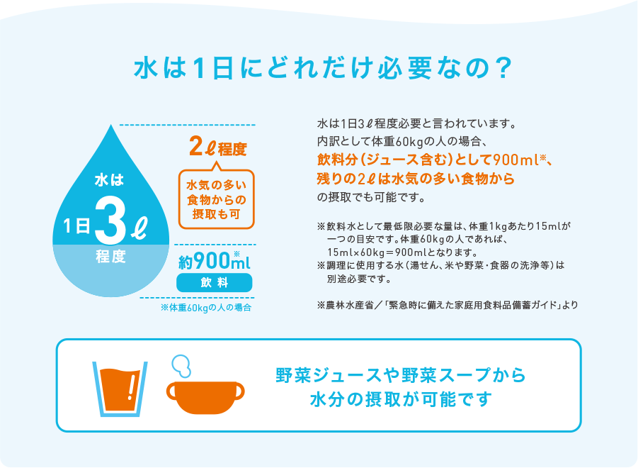 水は1日にどれだけ必要なの？水は1日3?程度必要と言われています。内訳として体重60kgの人の場合、飲料分（ジュース含む）として900ml※残りの2?は水気の多い食物からの摂取でも可能です。野菜ジュースや野菜スープから水分の摂取が可能です