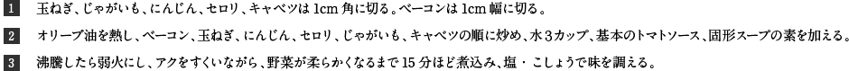 1玉ねぎ、じゃがいも、にんじん、セロリ、キャベツは1cm角に切る。ベーコンは1cm幅に切る。 2オリーブ油を熱し、ベーコン、玉ねぎ、にんじん、セロリ、じゃがいも、キャベツの順に炒め、水３カップ、基本のトマトソース、固形スープの素を加える。 3沸騰したら弱火にし、アクをすくいながら、野菜が柔らかくなるまで15分ほど煮込み、塩・こしょうで味を調える。