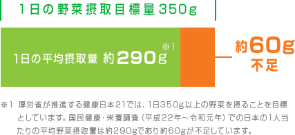 1日の野菜摂取目標量350g 1日の平均摂取量約290g※1 約60g不足 ※１厚労省が推進する健康日本21では、1日350g以上の野菜を摂ることを目標としています。国民健康・栄養調査（平成22年～令和頑年）での日本の１人当たりの平均野菜摂取量は約290gであり約60gが不足しています｡